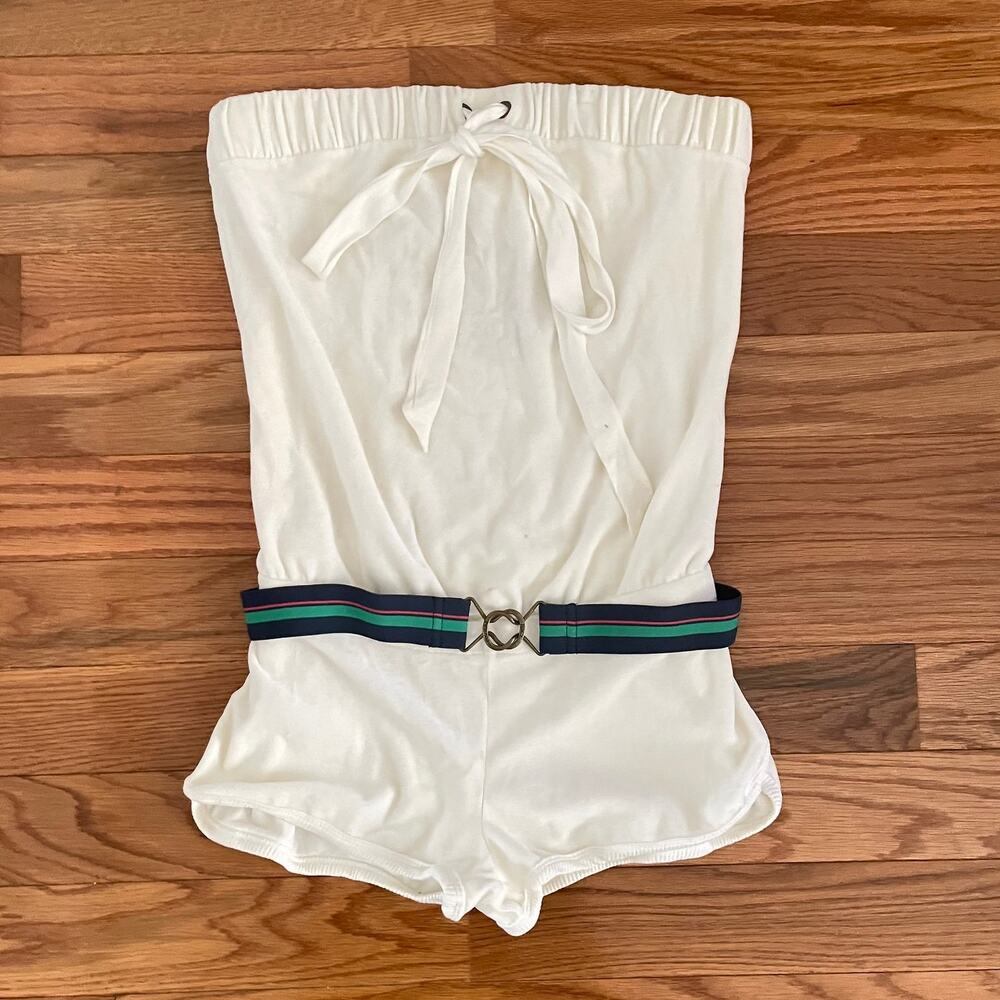 Juicy Couture White Strapless Romper with Navy & Green Stripe Belt